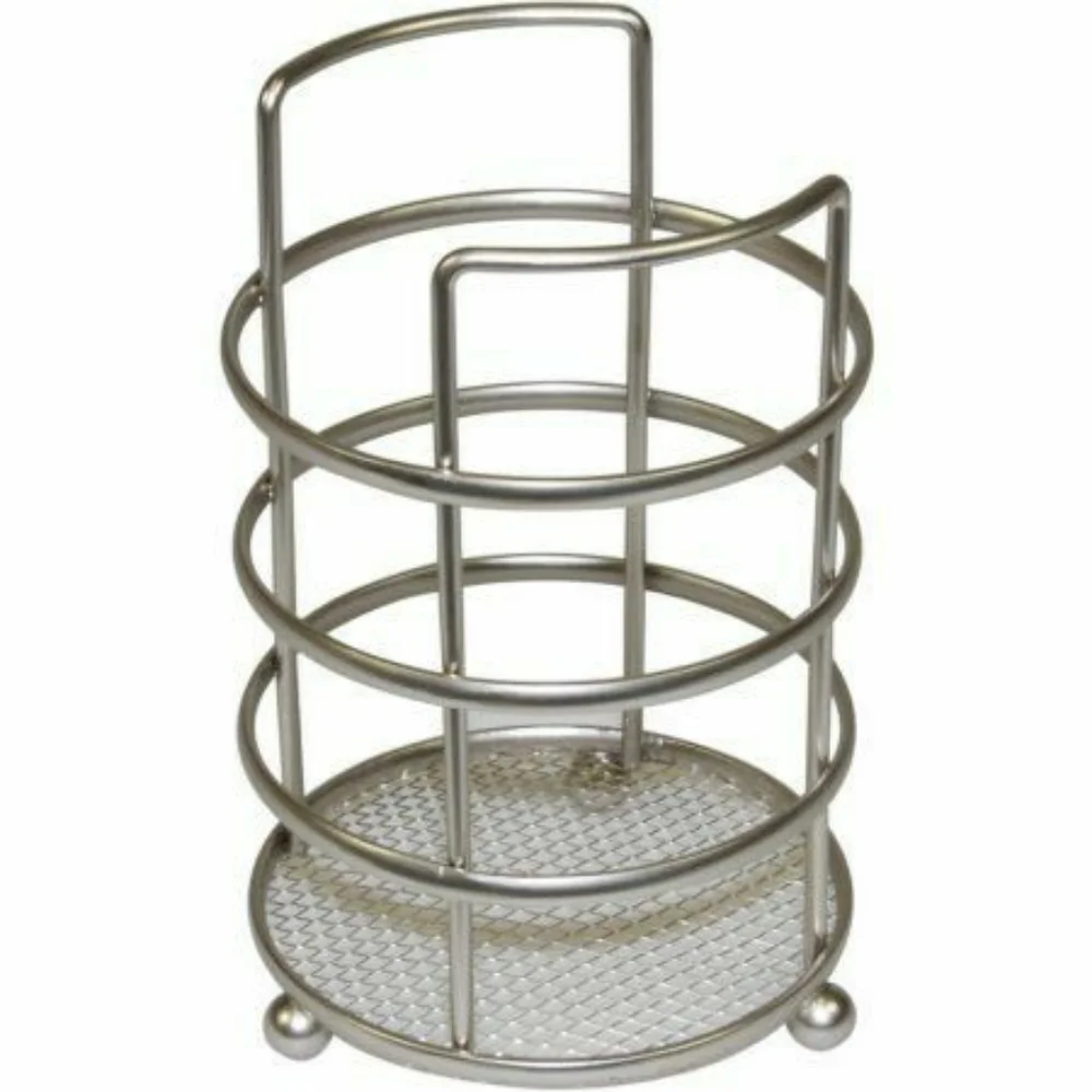Modern Brushed Satin Nickel Kitchen Utensil Holder | Wire Mesh Crock Organizer